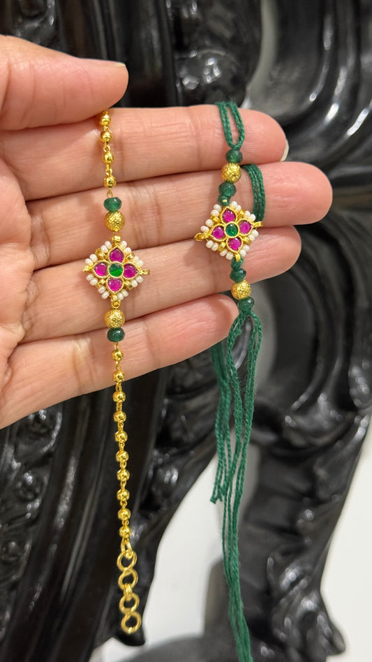 Premium Pachi Kundan  Rakhi for Brother and Bhabi combo
