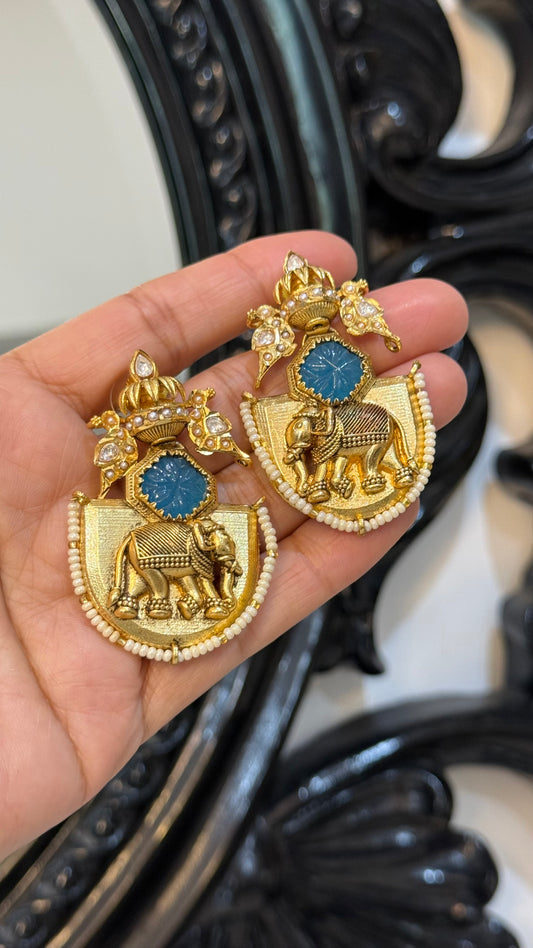 Elephant engraved hand made earrings gold plated