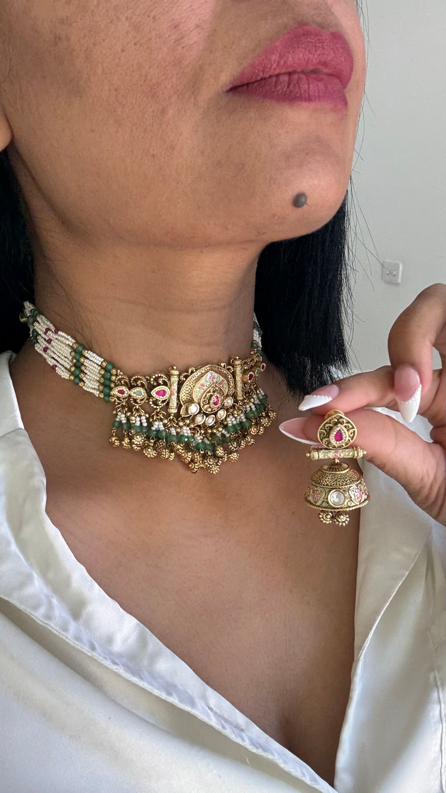 Gold Plated Indian Choker Set with Jhumki EarringsSandookh collection