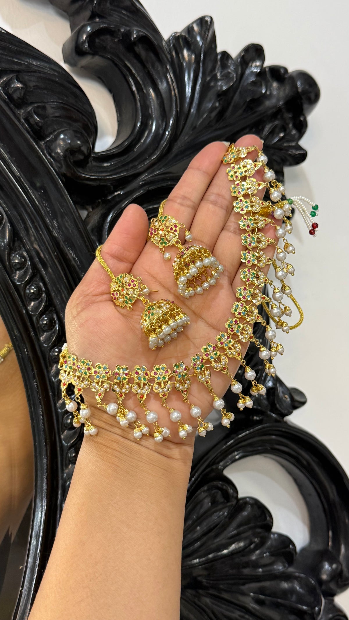 Gold plated real jadau necklace with jhumki