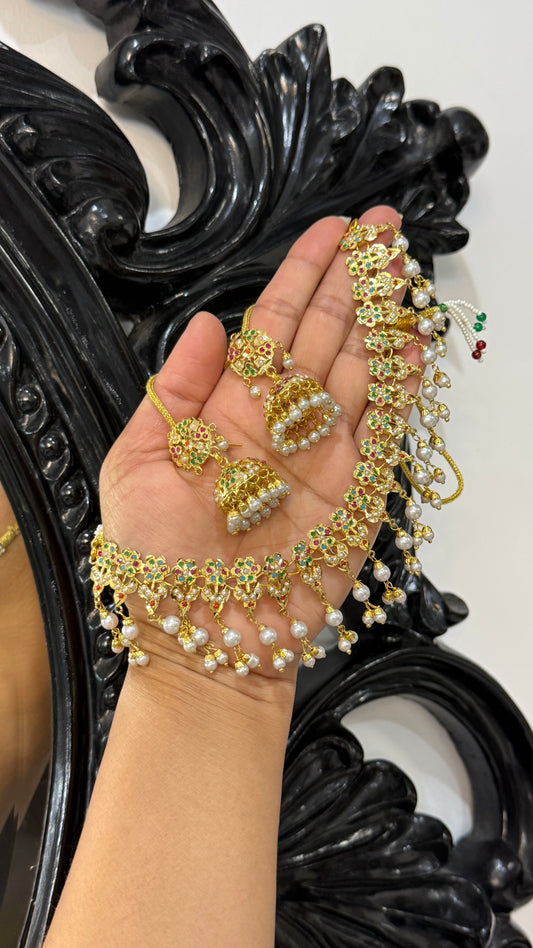 Gold plated real jadau necklace with jhumki