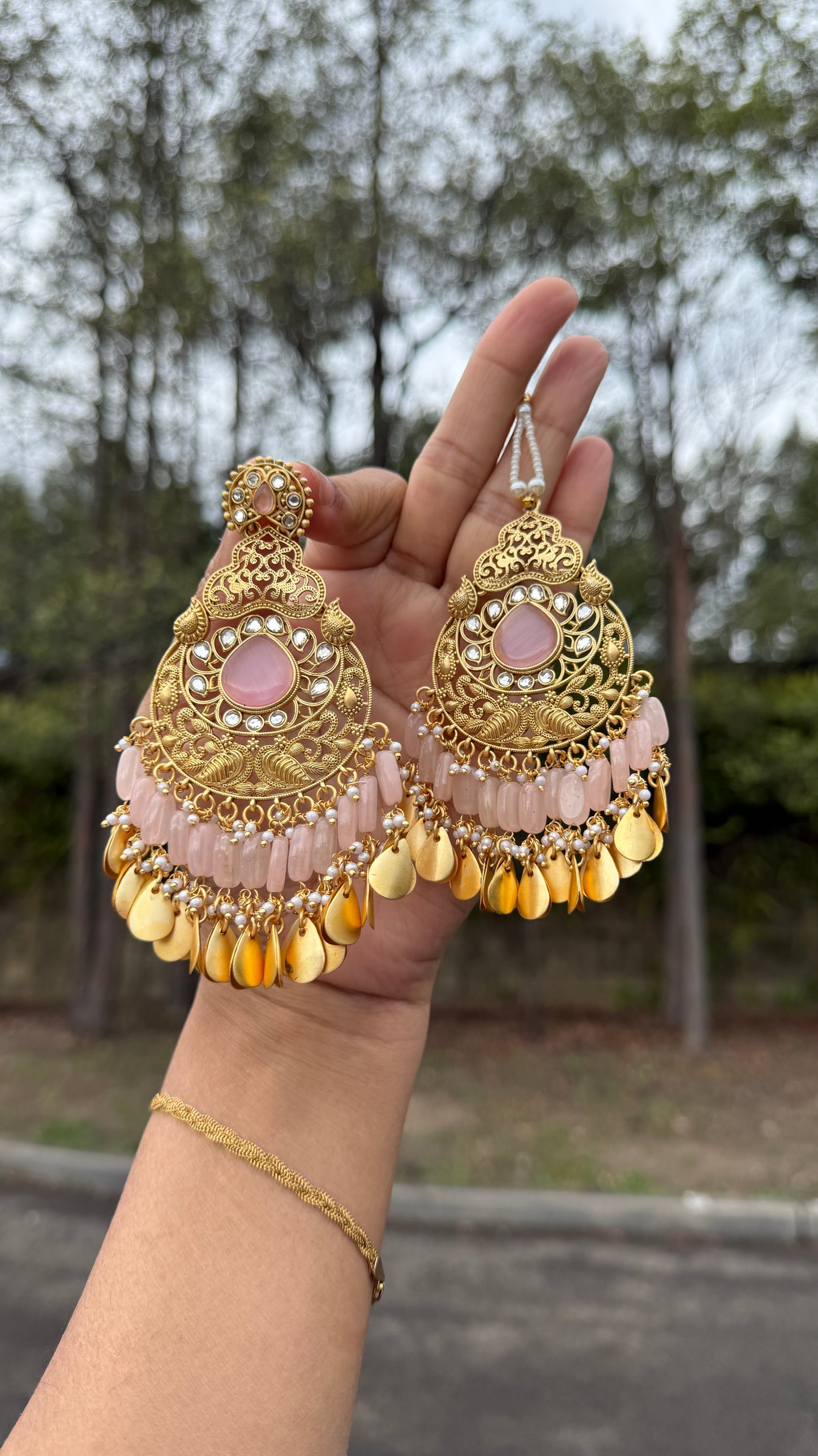 Kaira oversizes earrings with tikka Antique look