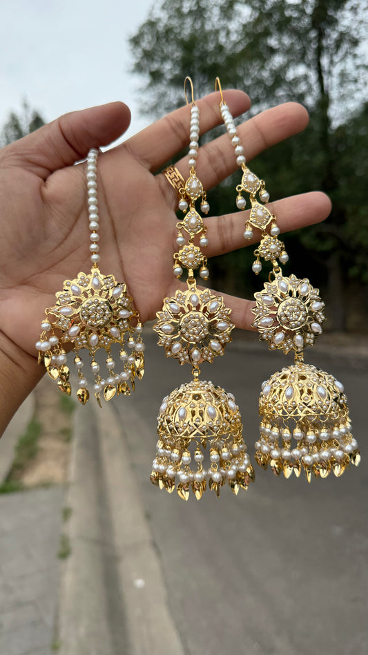 real jadau gold plated jhumka earrings with tikka