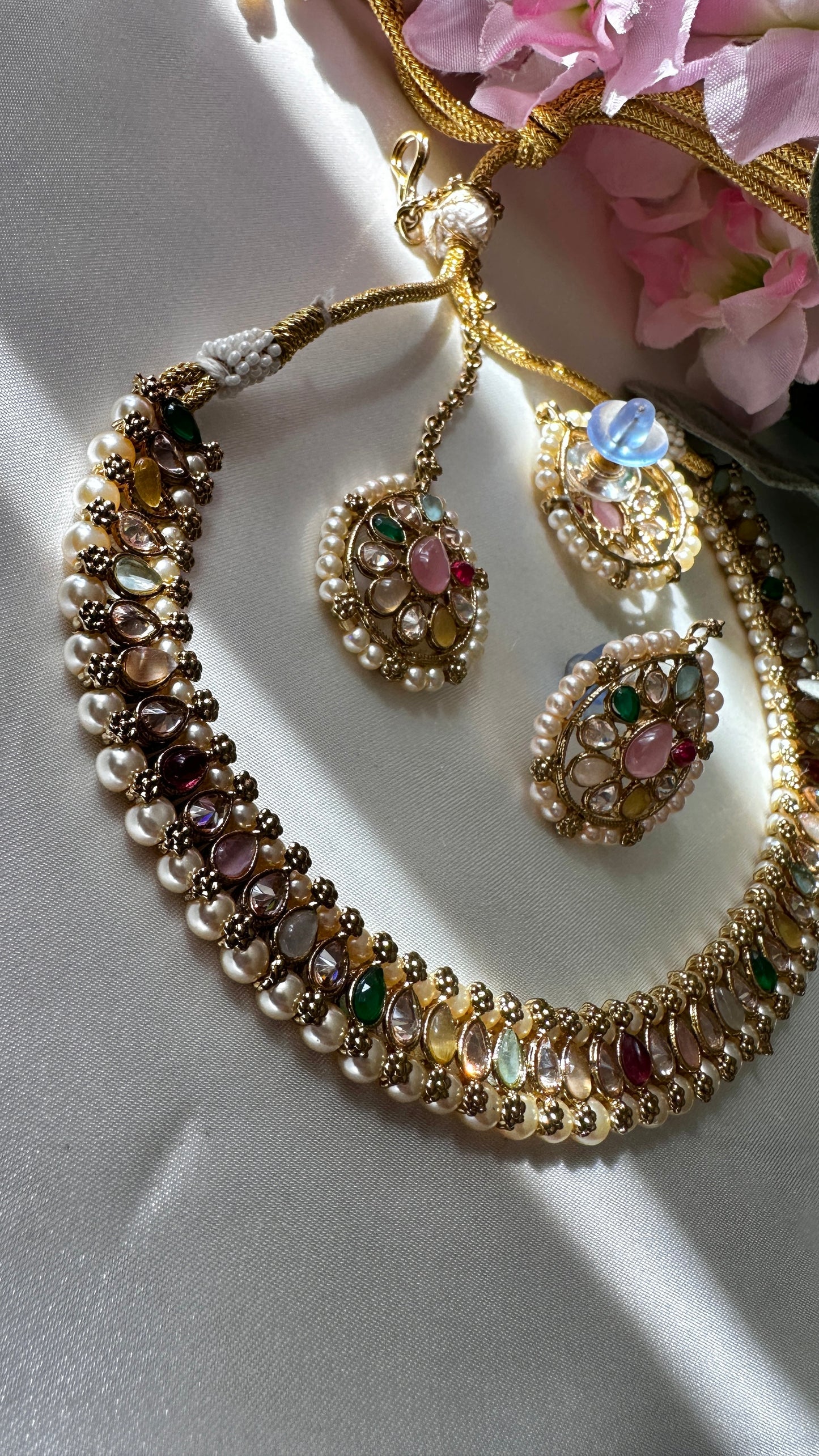 Multi Polki necklace with studs and tikka