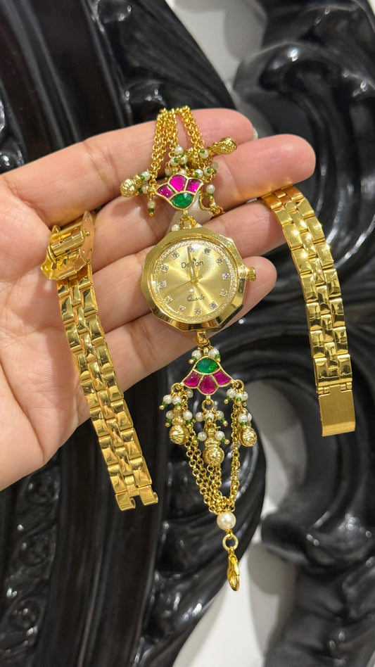 Pachi kundan watch free size gold plated bracelet style