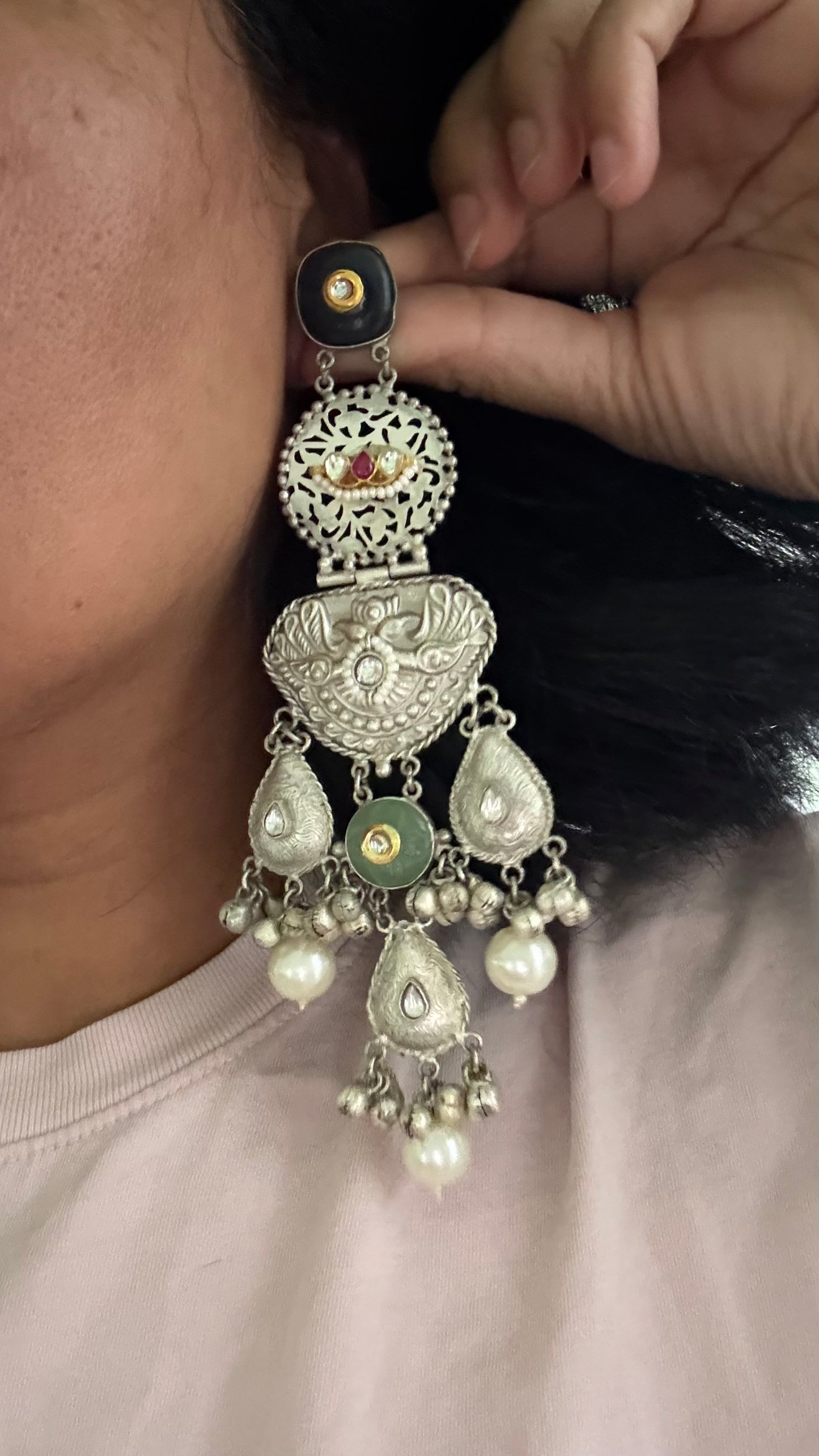 Kashmiri style oversized earrings with pachi gemns