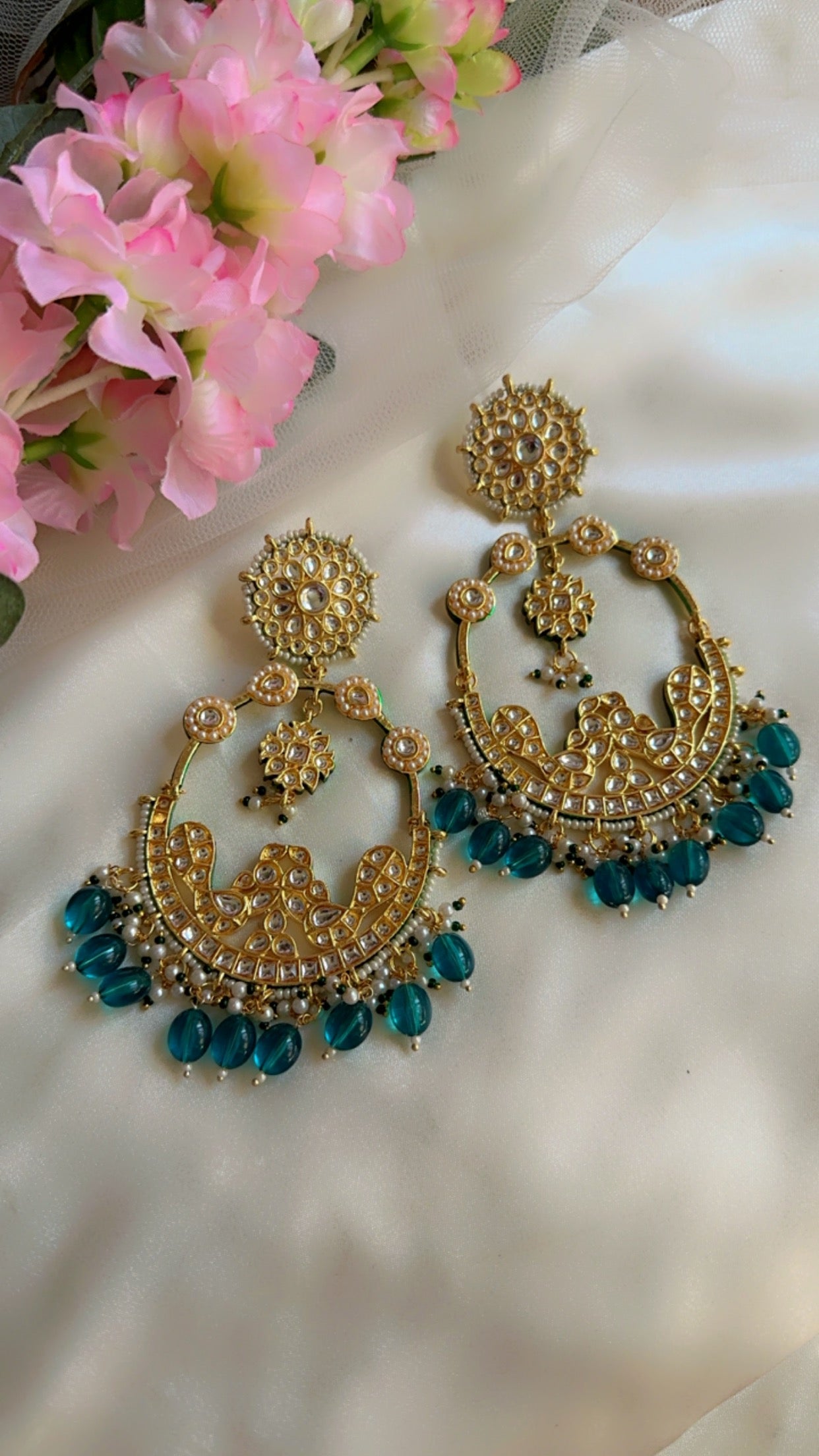 kundan long earring teal blue