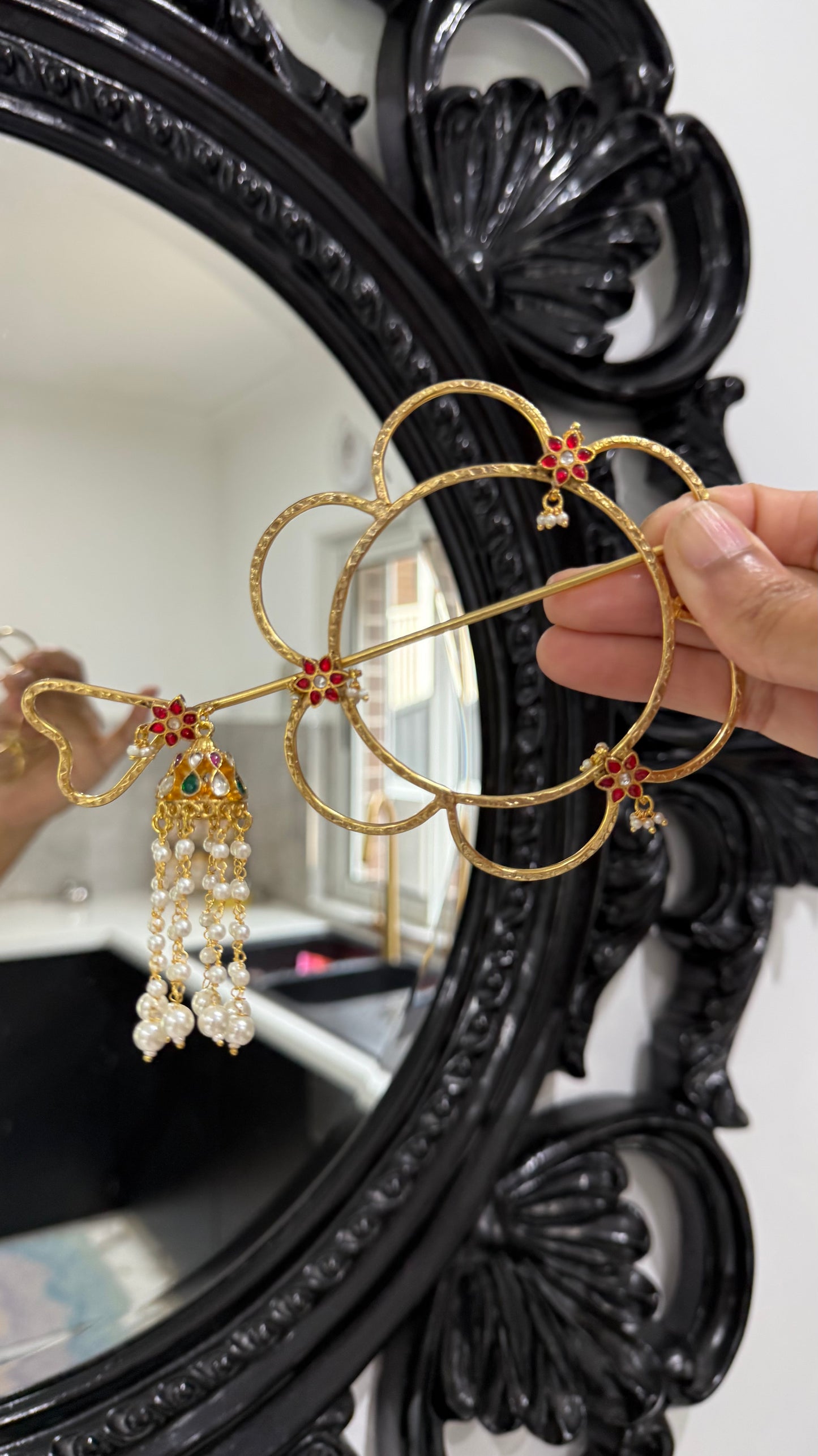 Pachi Kundan Hair Bun Accessory with Stick | Gold Plated | Brass Base