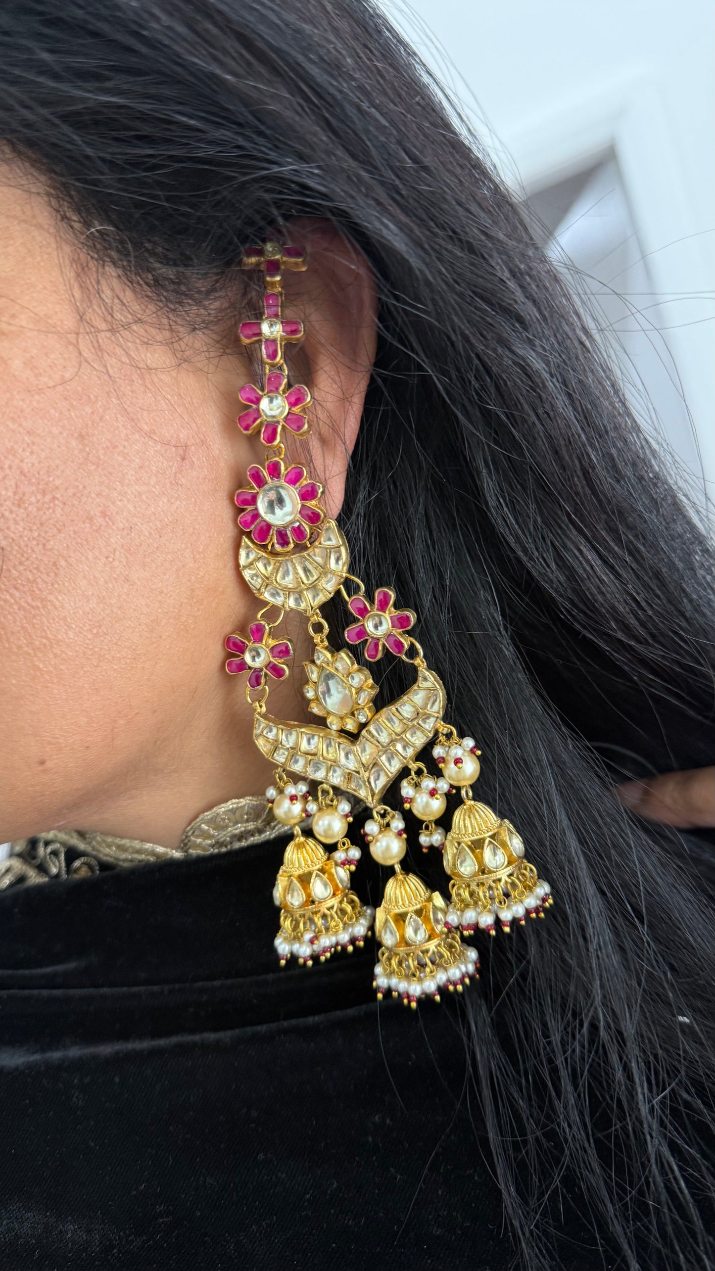 pachi kundan earrings with attached sahare premium quality hand made