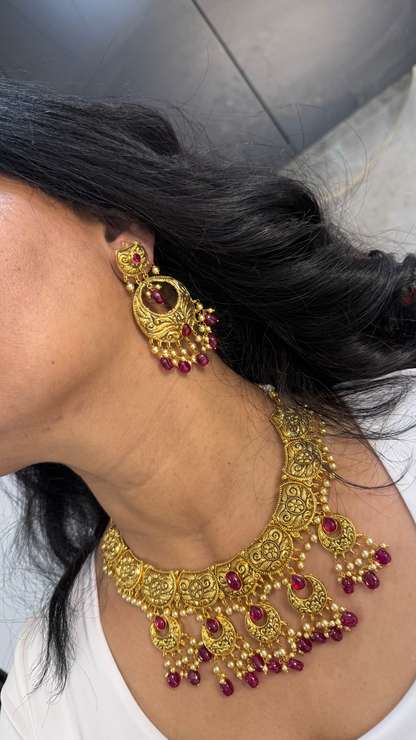Antique look Gold Plated Necklace with Earring  and tikka Bridal Jewellery Sandookh collection