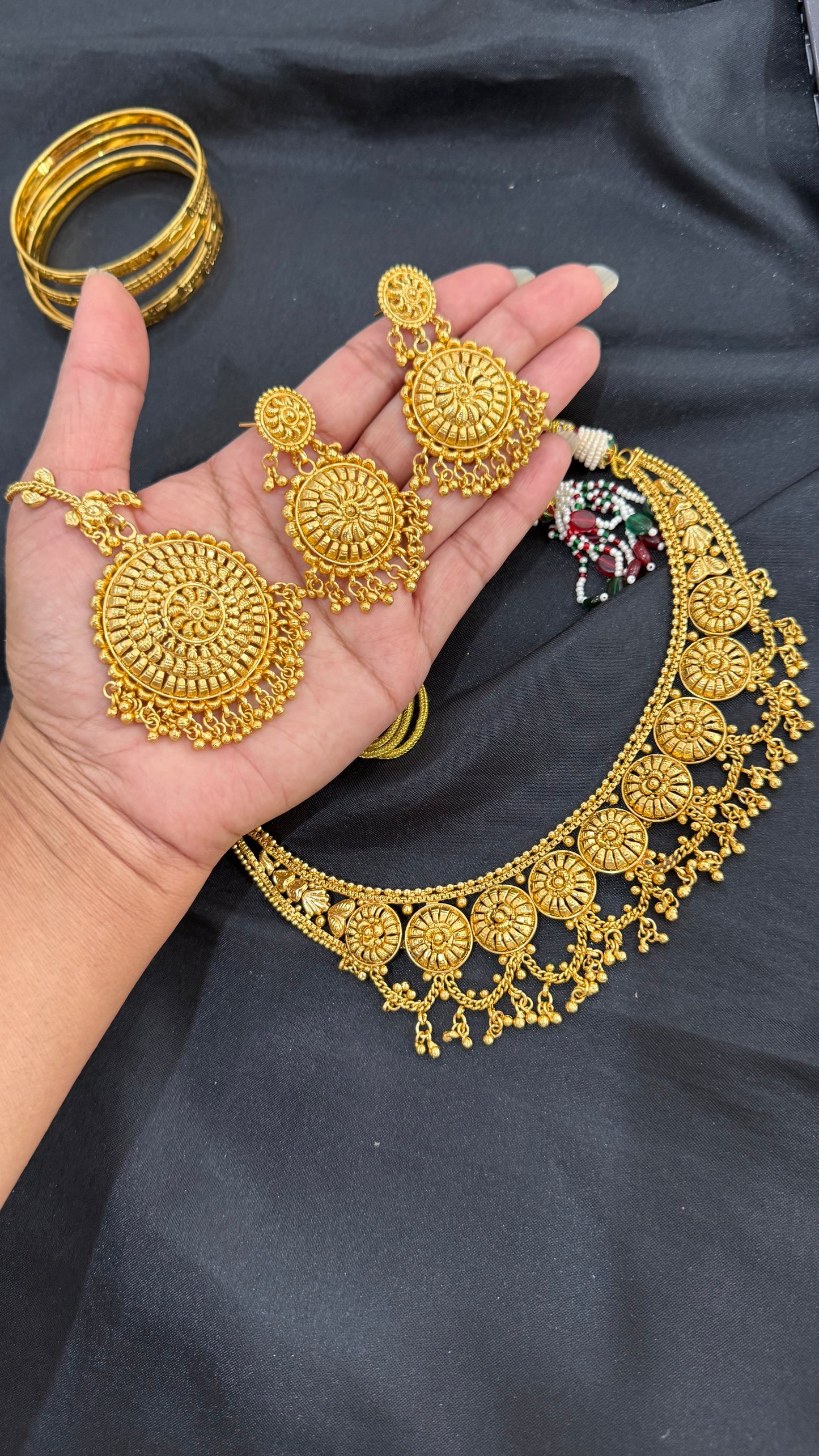 Antique look Gold Plated Necklace with Earring  and tikka Bridal Jewellery Sandookh collection