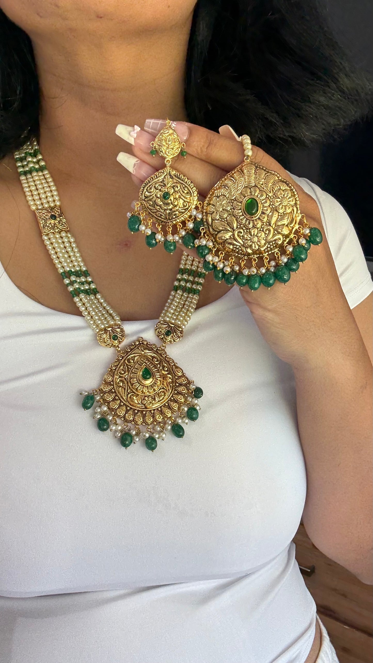 Gold Plated Indian Raani haar Set with Earrings & Tikka – Bridal Jewelry Sandookh collection