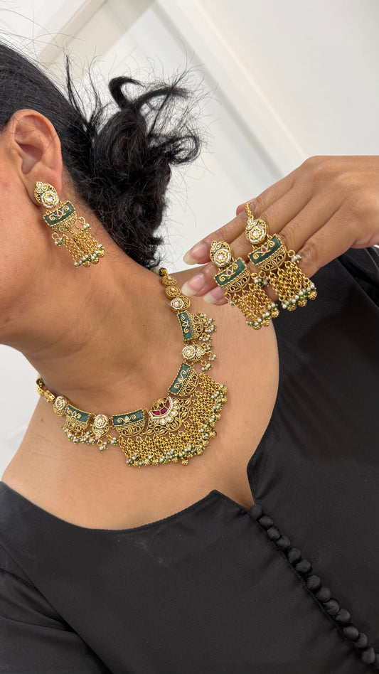 Heritage Jewelry Gold Plated Indian Choker Set with Earrings and tikka Sandookh collection