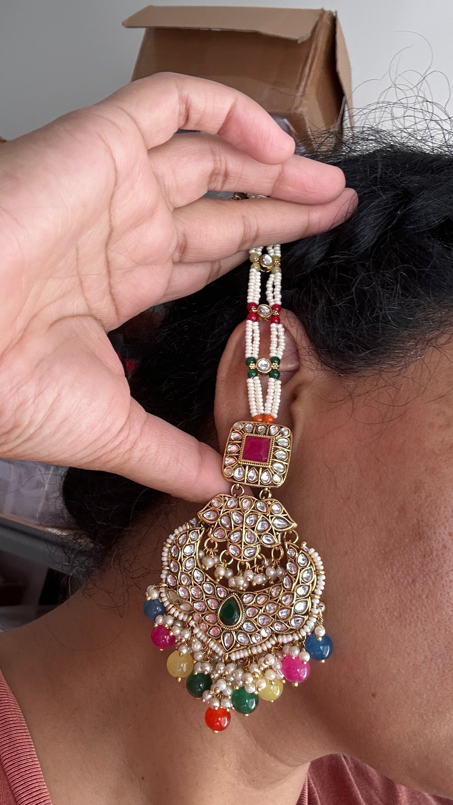 Kundan earrings and tikka with sahare multi