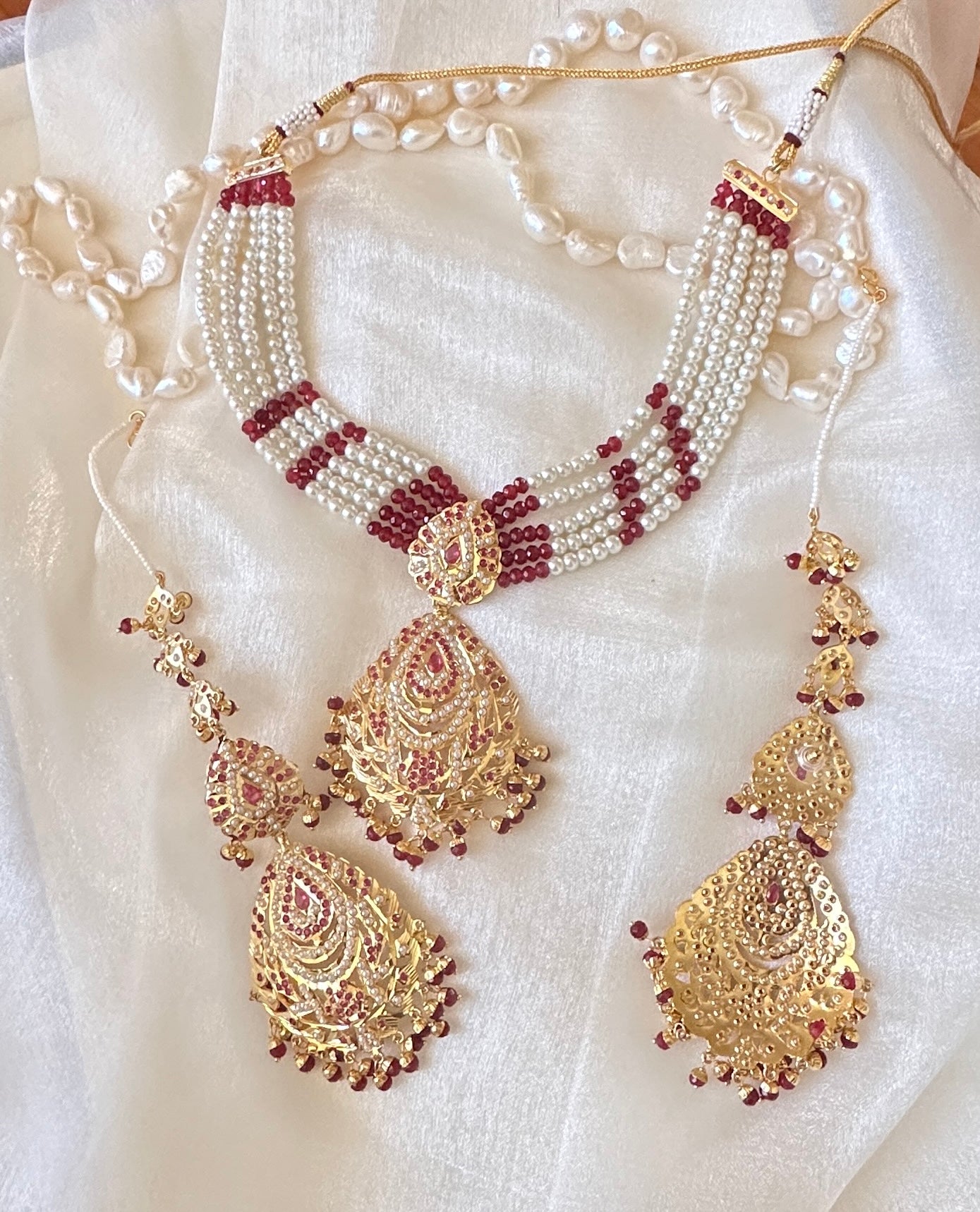 Real jadau choker or necklace set with sahare earrings ruby