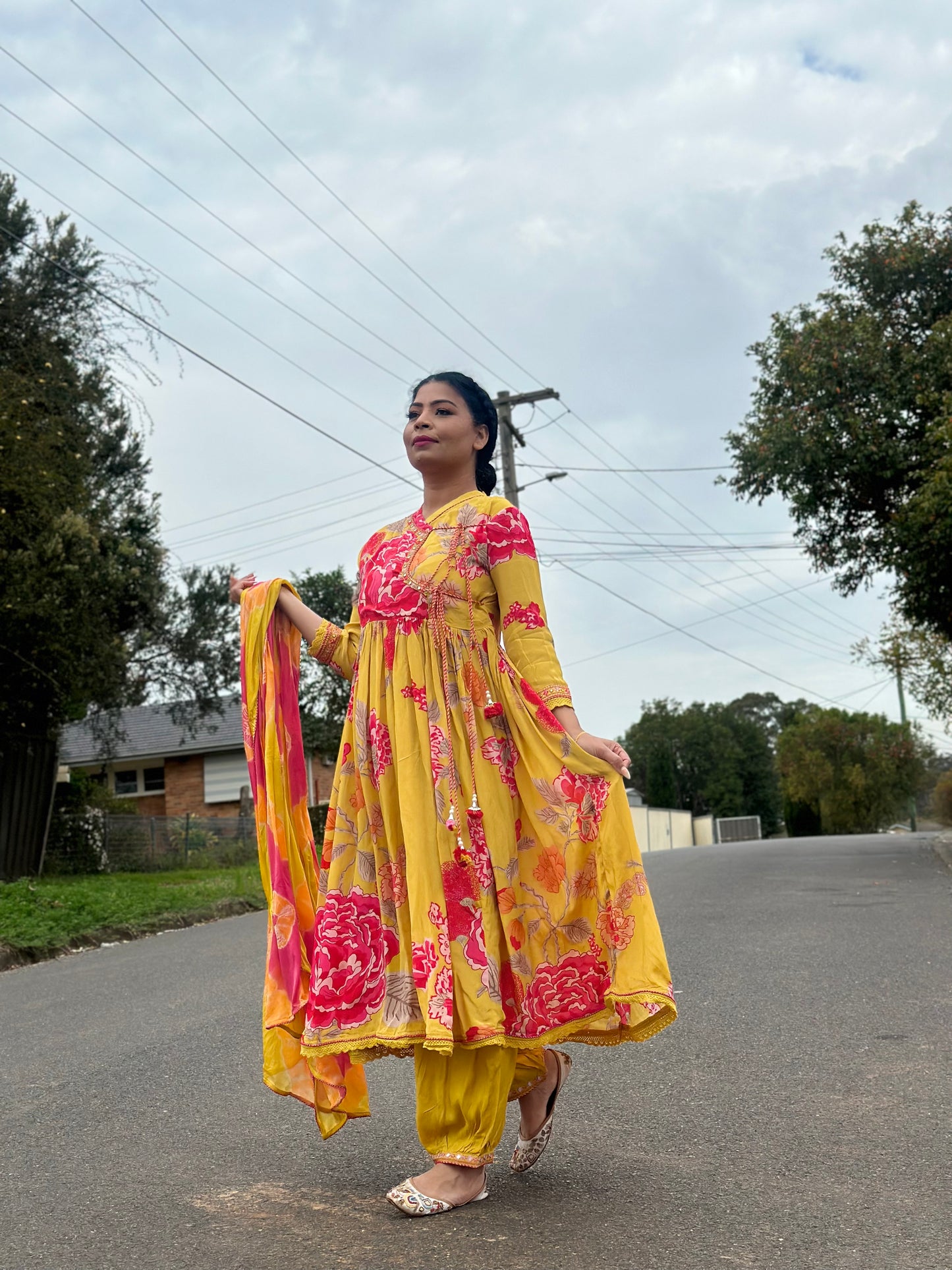 yellow mustard Natural crepe anarkali style outfit