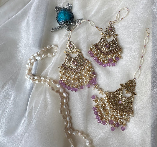 Kundan earrings and tikka with sahare lavender