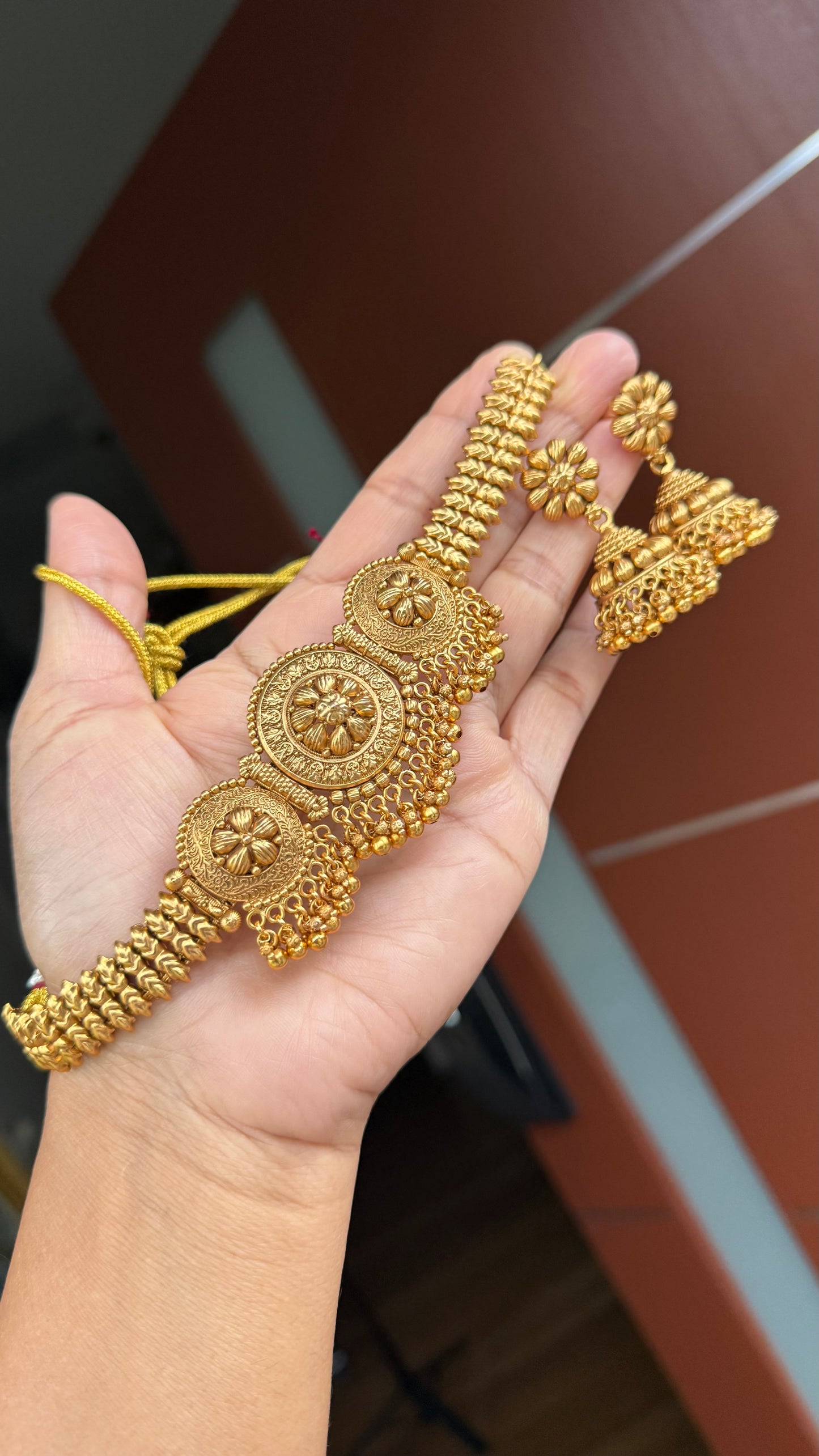 Antique gold plated necklace With earrings jhumki Sandookh collection