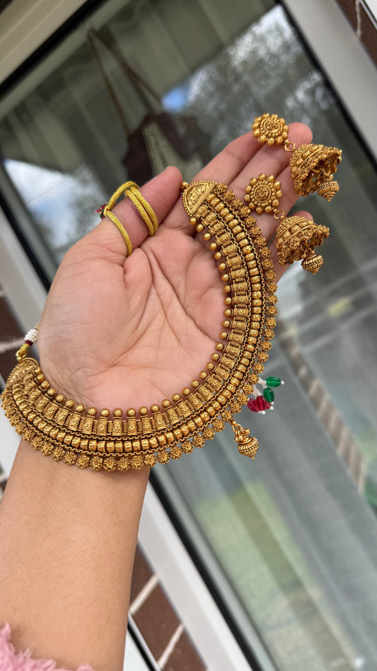 Antique gold plated necklace with intricate traditional Indian design, handcrafted jewellery available in Australia