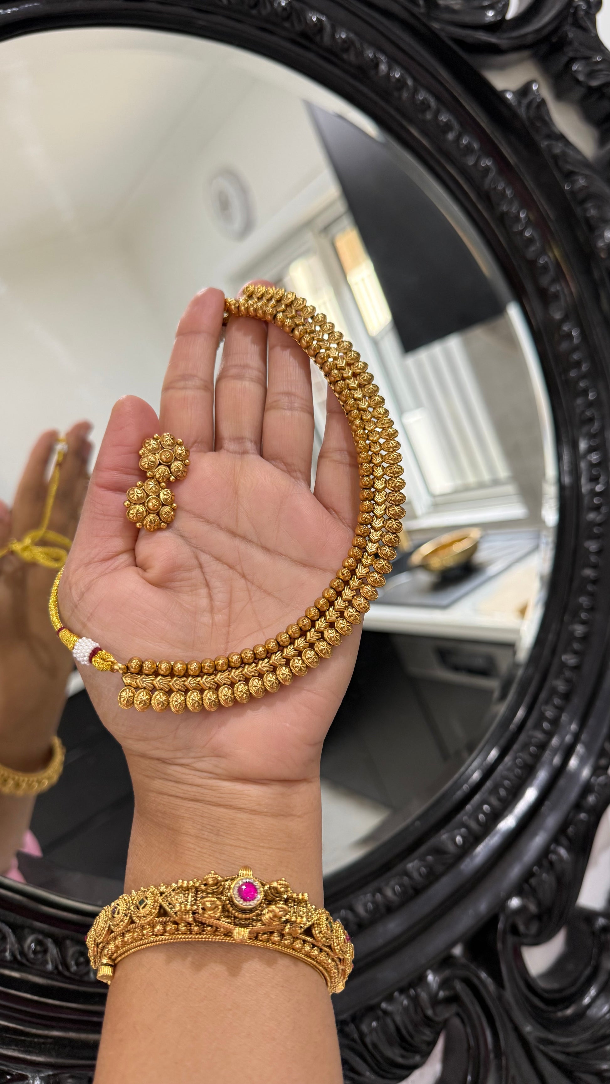 Antique gold plated necklace with matching stud earrings – traditional Indian bridal jewelry available in Australia and worldwide