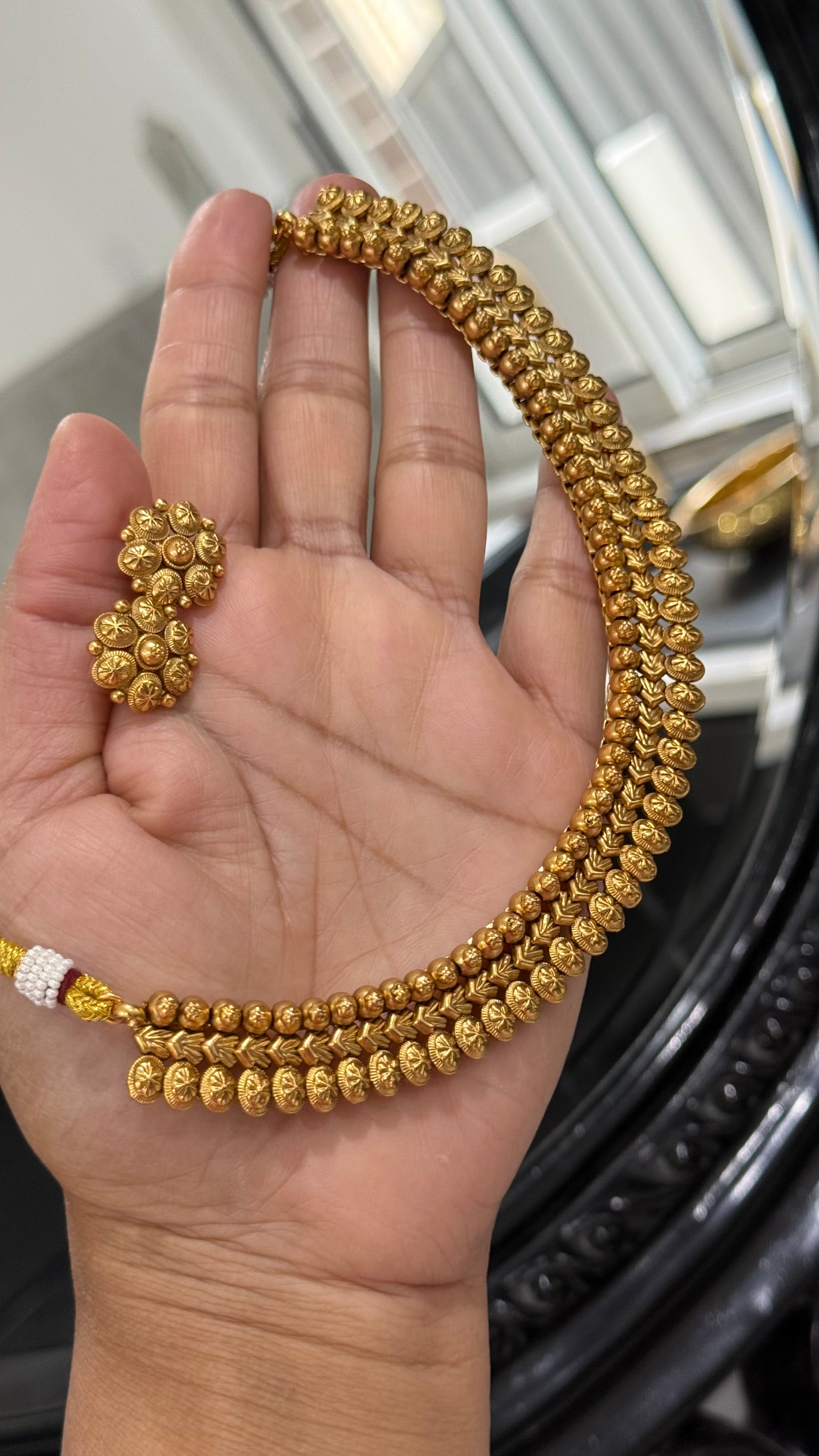 Antique gold plated necklace with matching stud earrings – traditional Indian bridal jewelry available in Australia and worldwide