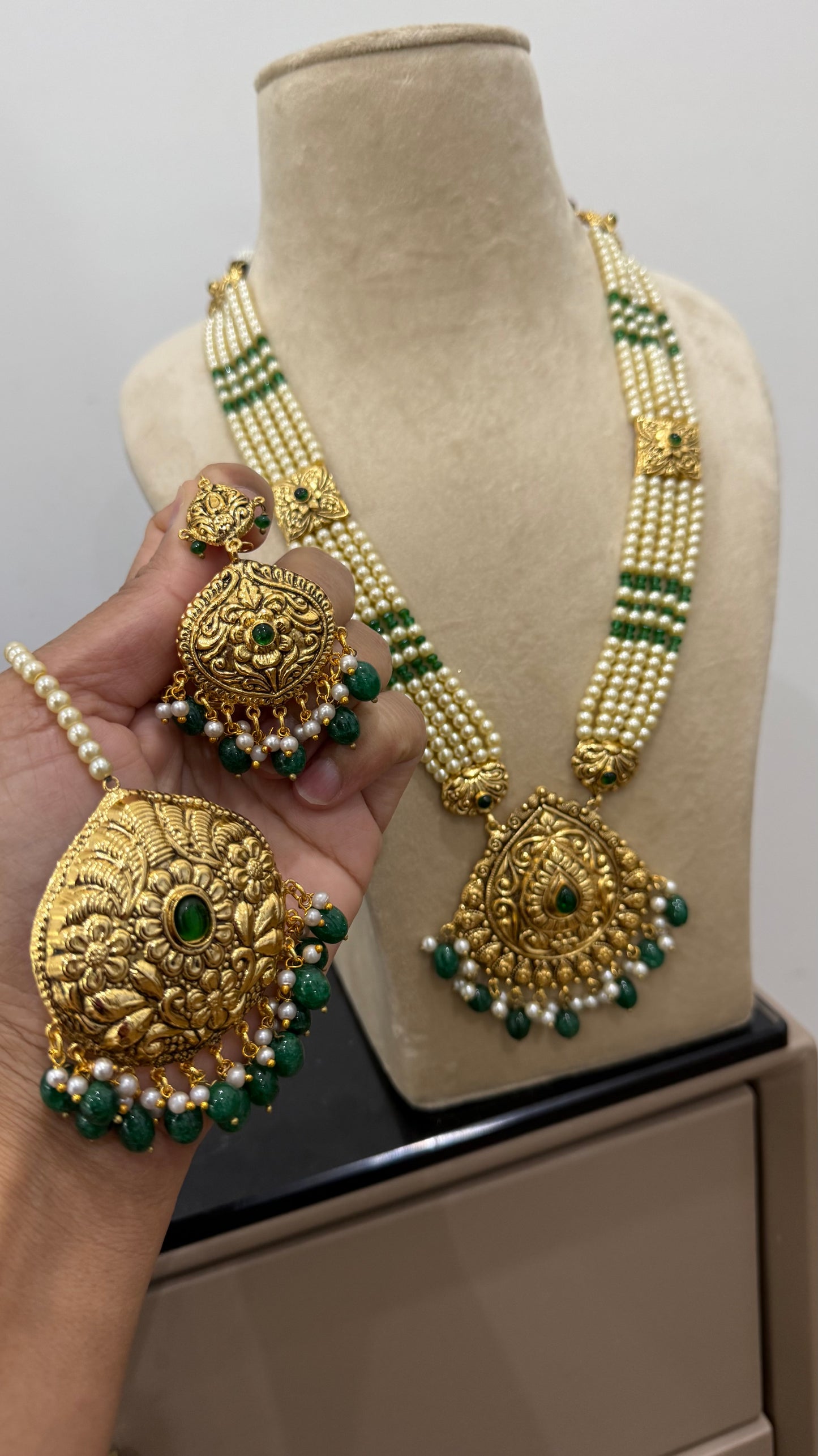 Gold Plated Indian Raani haar Set with Earrings & Tikka – Bridal Jewelry Sandookh collection