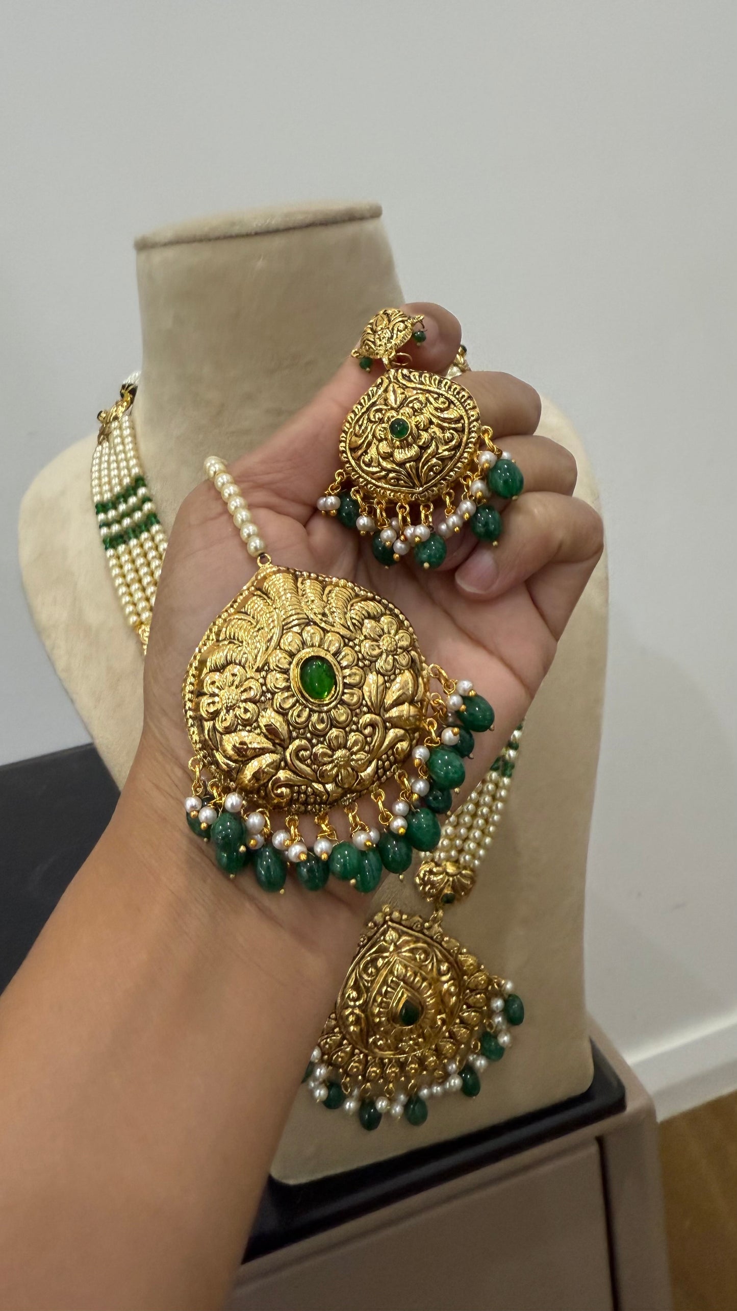 Gold Plated Indian Raani haar Set with Earrings & Tikka – Bridal Jewelry Sandookh collection