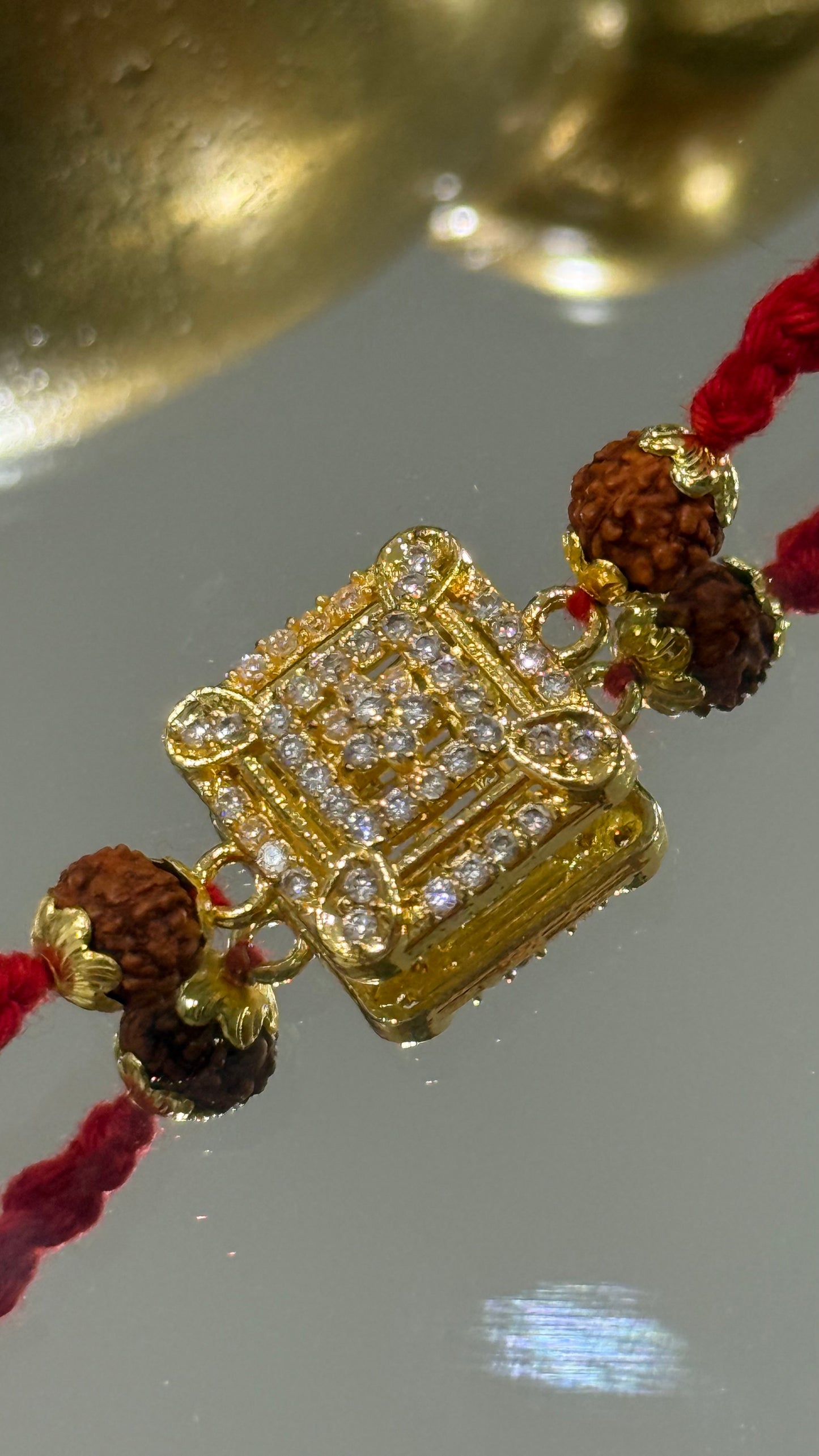 Premium Gold Look  Rakhi for Brother with Rudrakash and American Diamond detailing