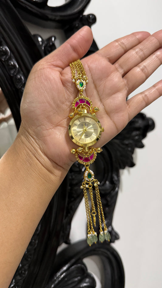 Pachi kundan watch free size gold plated bracelet style