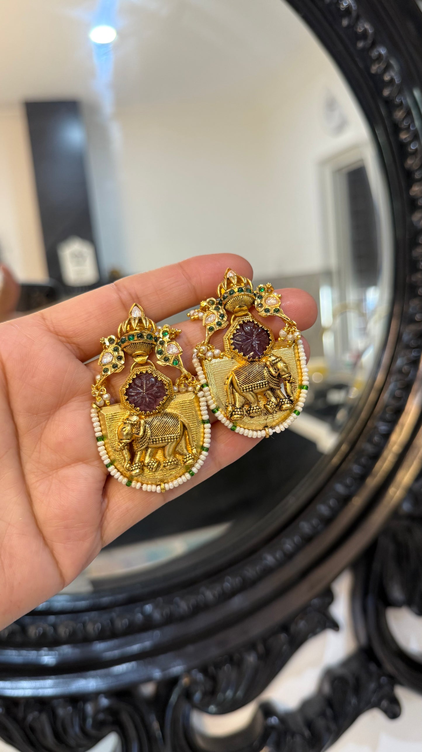 Elephant engraved hand made earrings gold plated