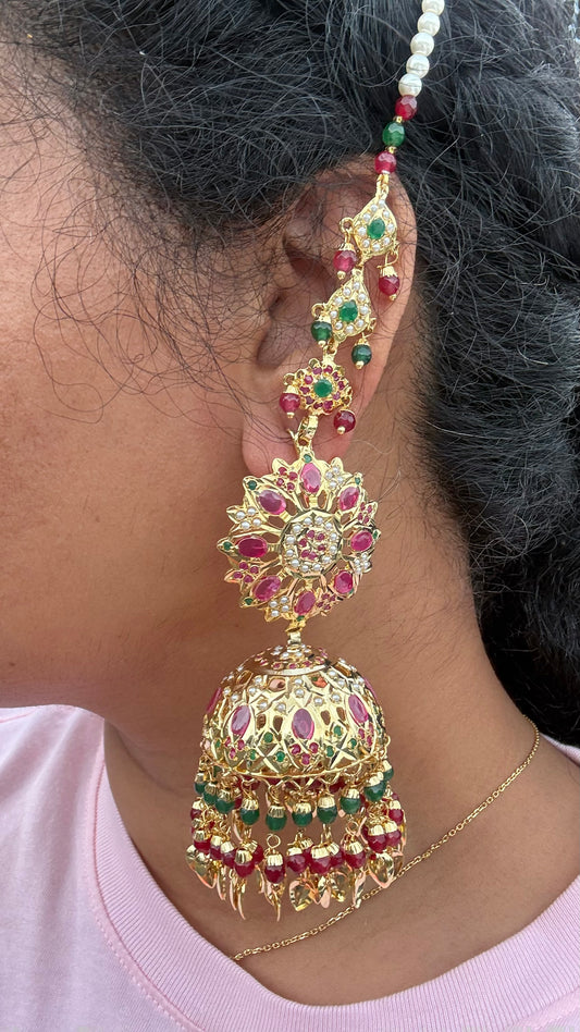 real jadau gold plated jhumka earrings with tikka