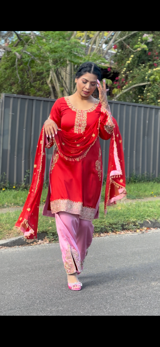 Three piece Pakistani hand work outfit red and pink
