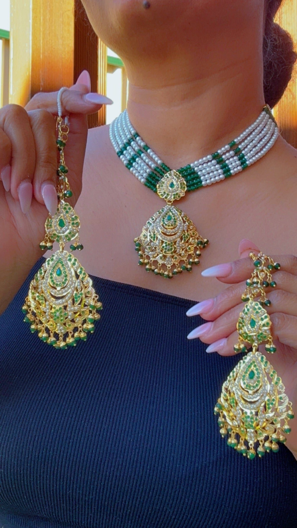 Real jadau choker or necklace set with sahare earrings green