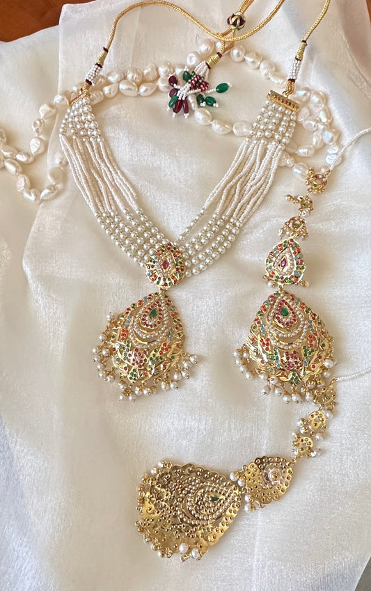 Real jadau choker or necklace set with sahare earrings navratan