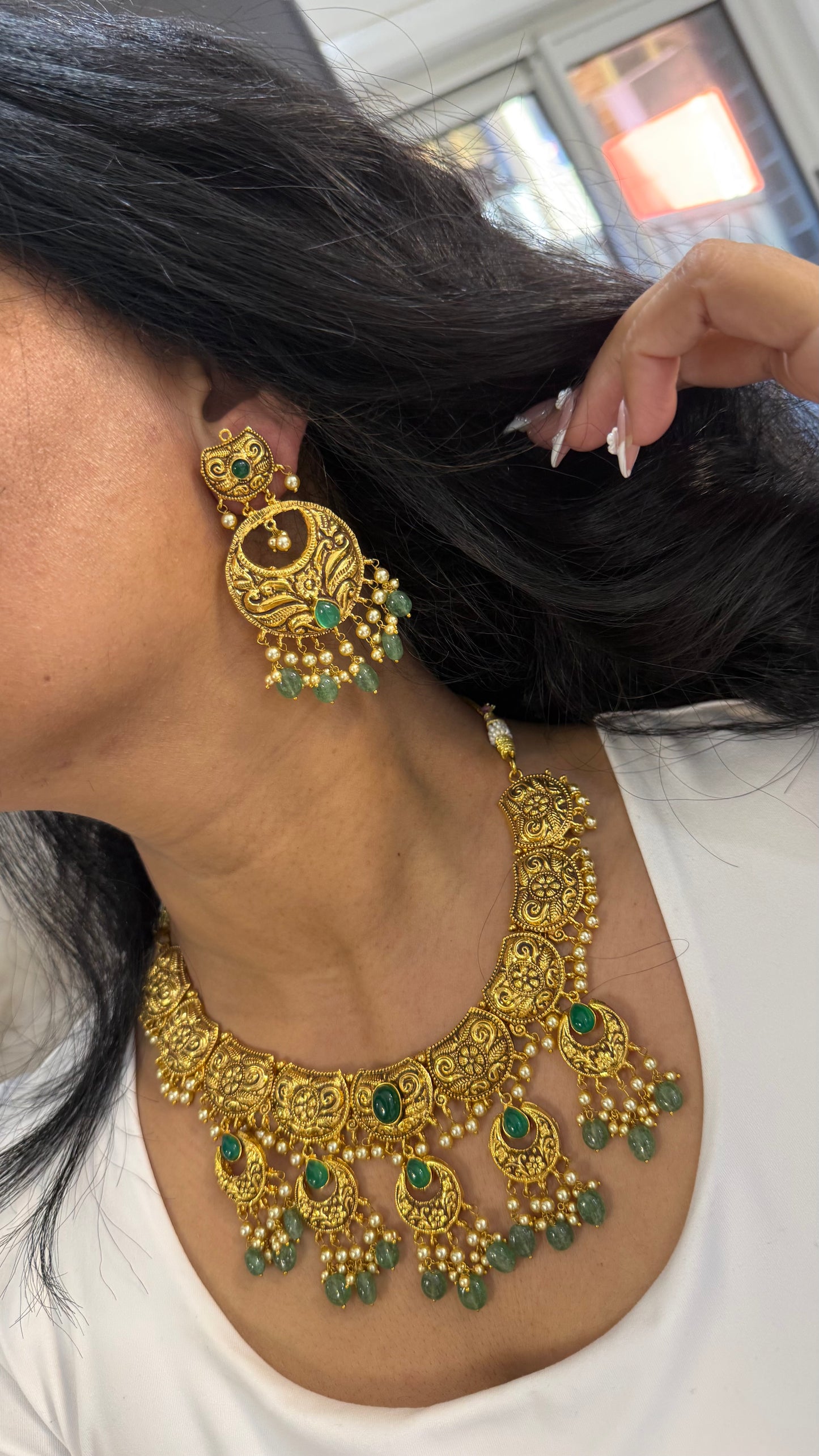 Antique look Gold Plated Necklace with Earring  and tikka Bridal Jewellery Sandookh collection