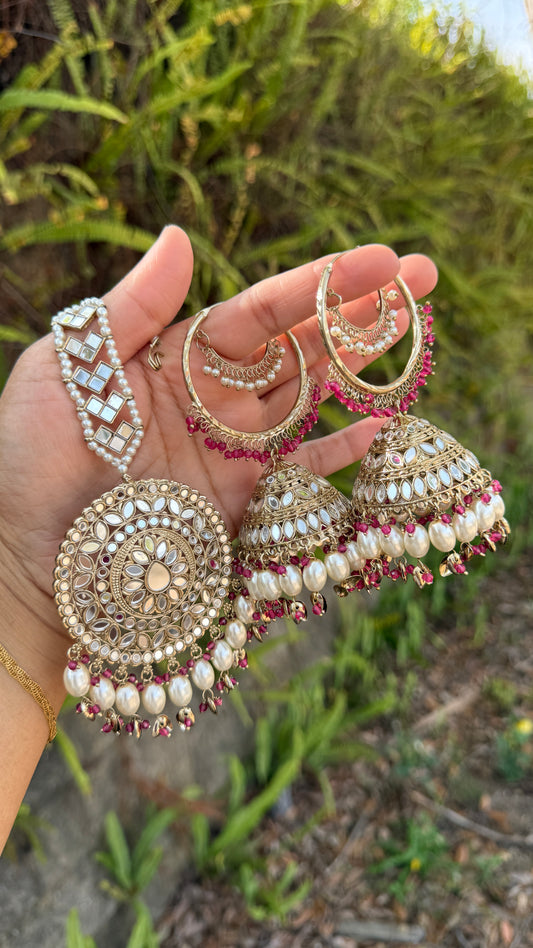 Mirror oversize earrings with tikka