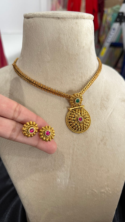 Antique Gold Plated Necklace pendant Set with Stud Earrings – Traditional Indian Jewelry  Sandookh collection