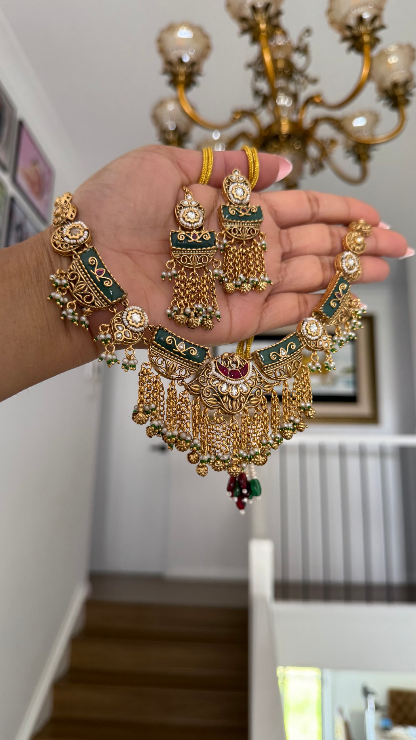 Gold Plated Indian Choker Set with Earrings and tikka Sandookh collection