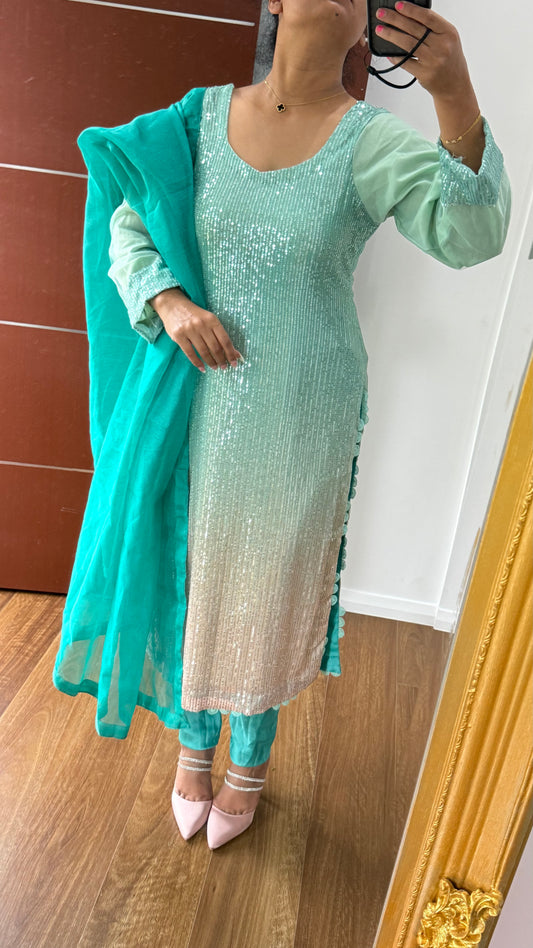 long kurta with dupatta and pants Indian outfit