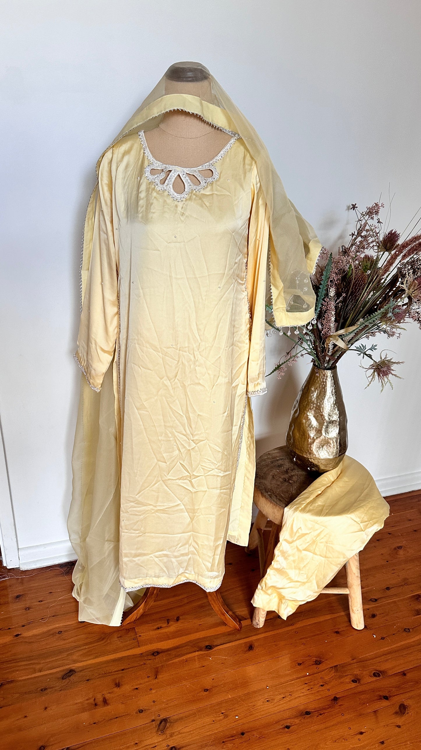 Three piece Pakistani hand work outfit lemon light yellow