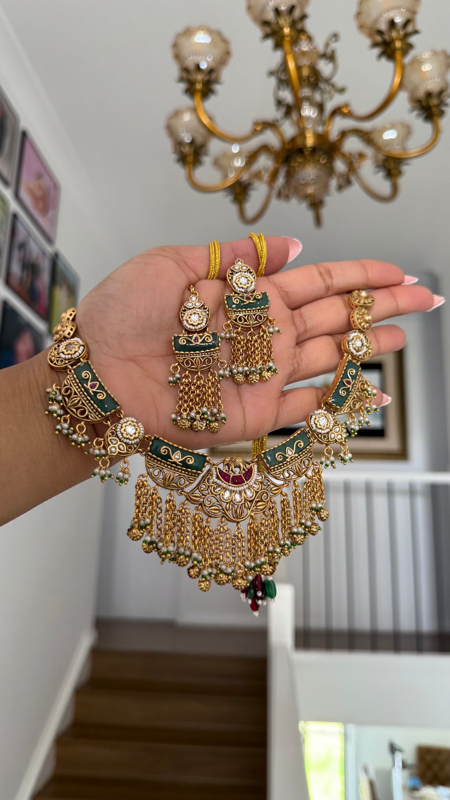 Gold Plated Indian Choker Set with Earrings and tikka Sandookh collection