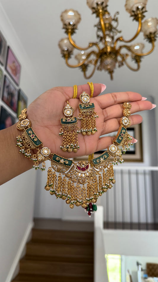 Gold Plated Indian Choker Set with Earrings and tikka Sandookh collection