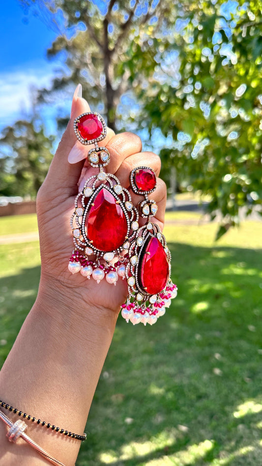 Moissanite earrings with doublet stone ruby