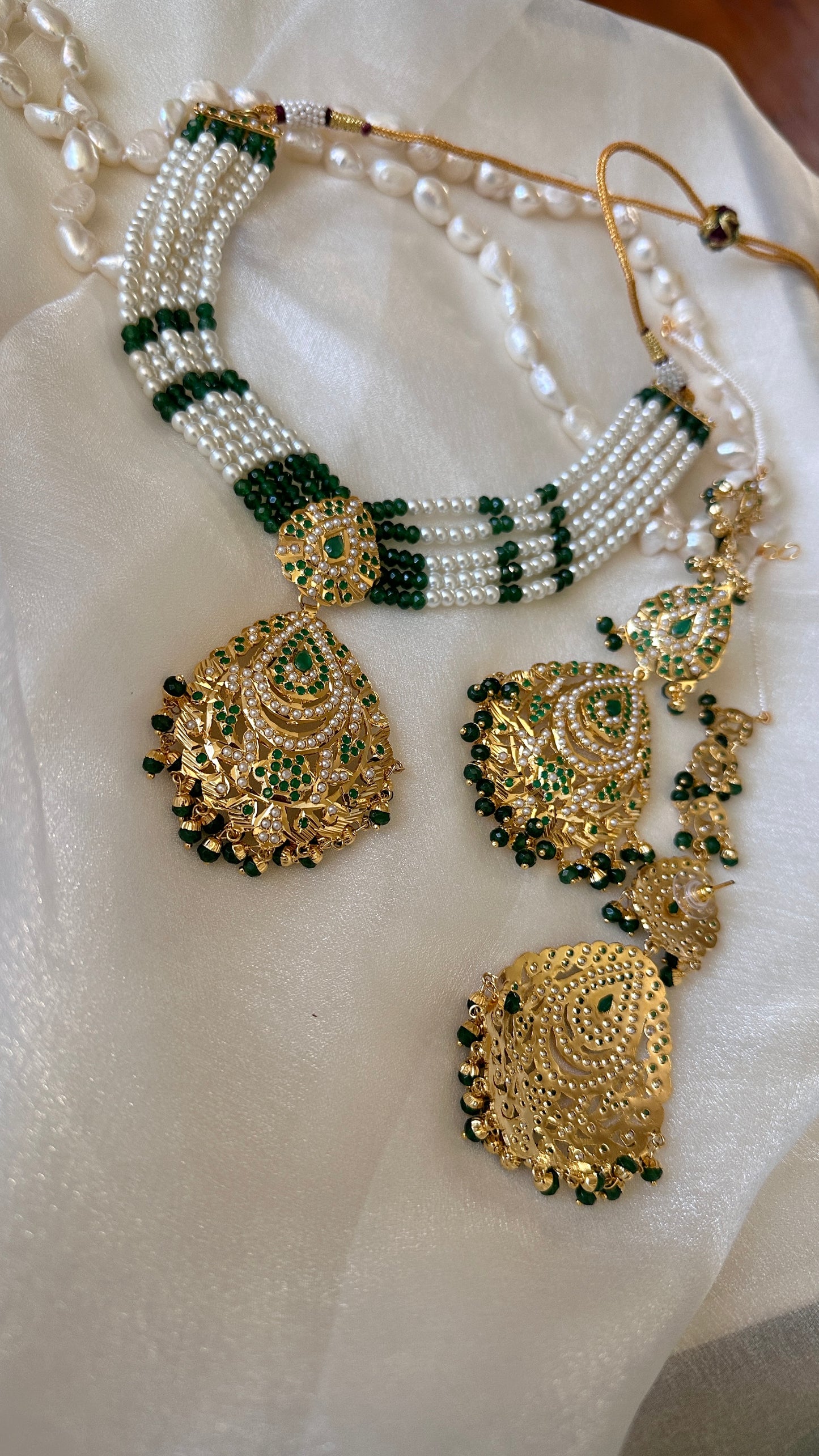 Real jadau choker or necklace set with sahare earrings green