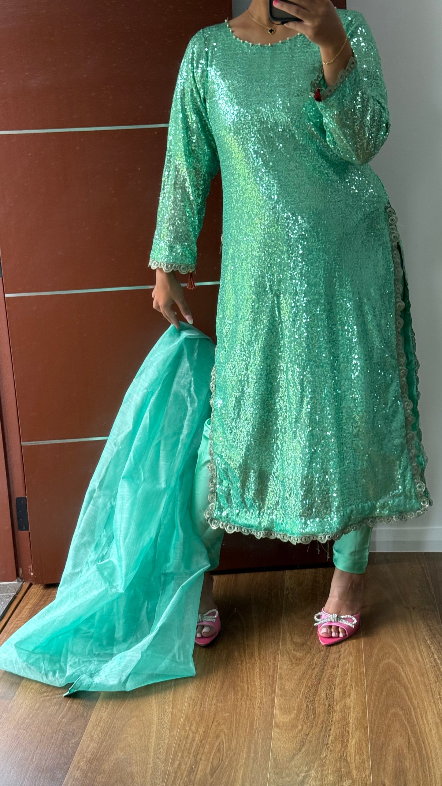 long kurta with dupatta and pants Indian outfit