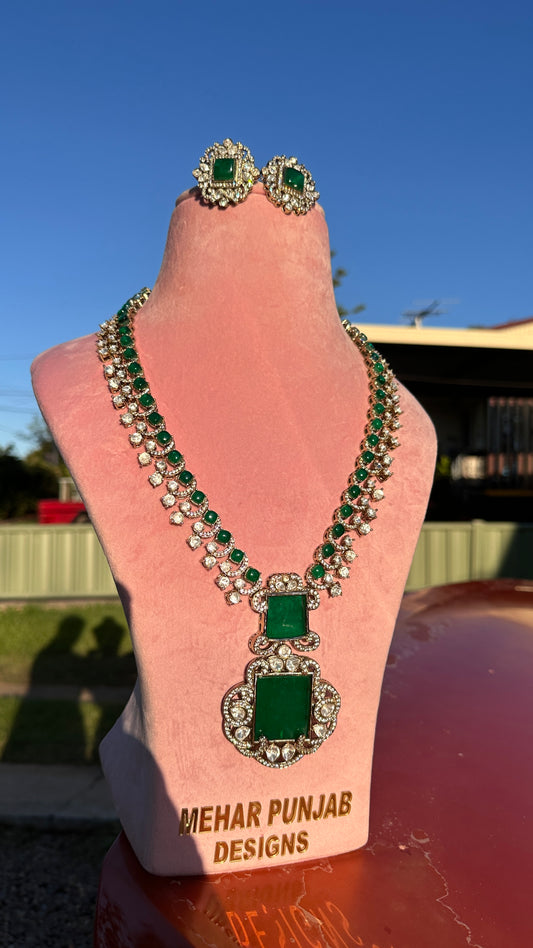 Nita long necklace raani haar with studs green high quality moissanite with precious gems uncut kundan