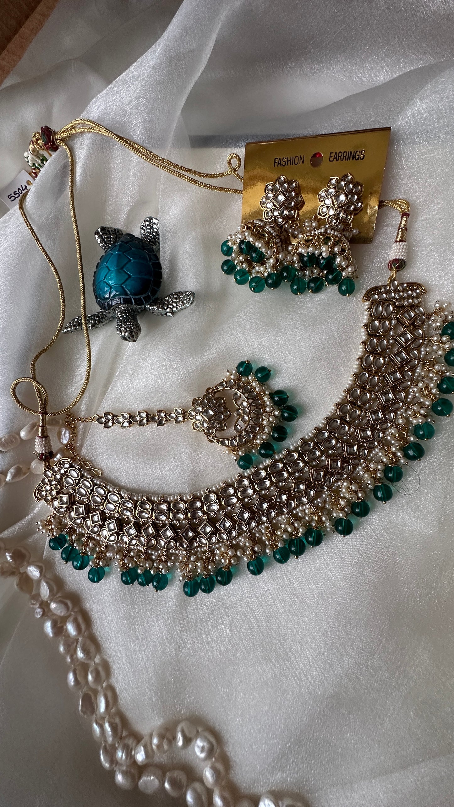Kundan choker or necklace  set with earrings and tikka teal blue