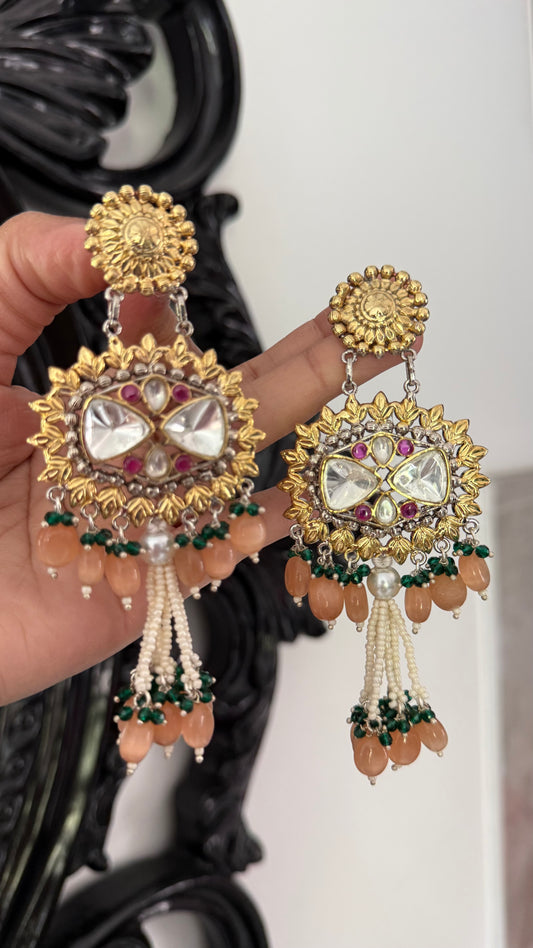 Uncut Kundan Earrings – Silver & Gold Mix Finish | Gold Plated | Real Beads