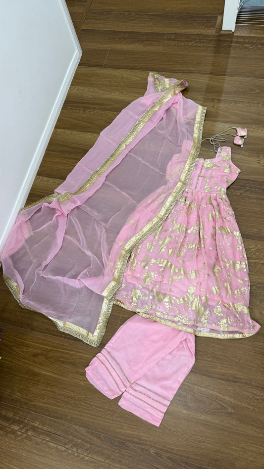Anarklai Frock with dupatta and palazo Indian outfit baby pink
