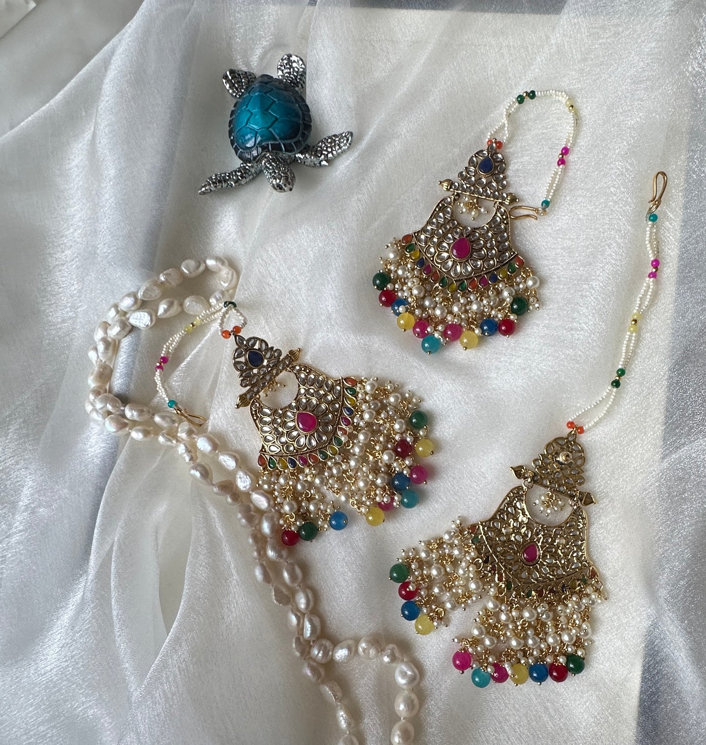 Kundan earrings and tikka with sahare multi